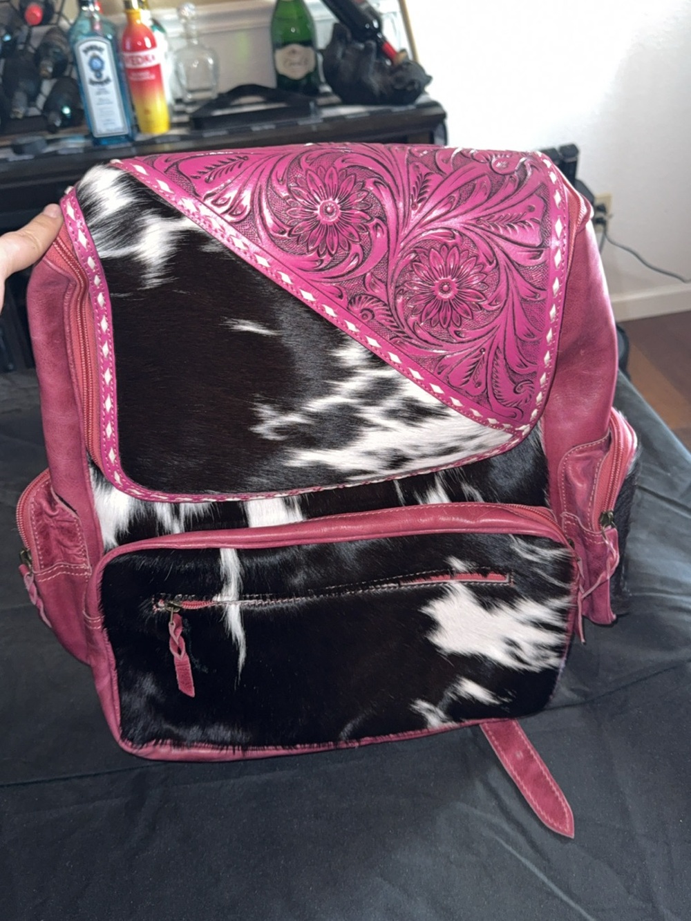 Pink Backpack With Tooled Leather And Real Cowhide